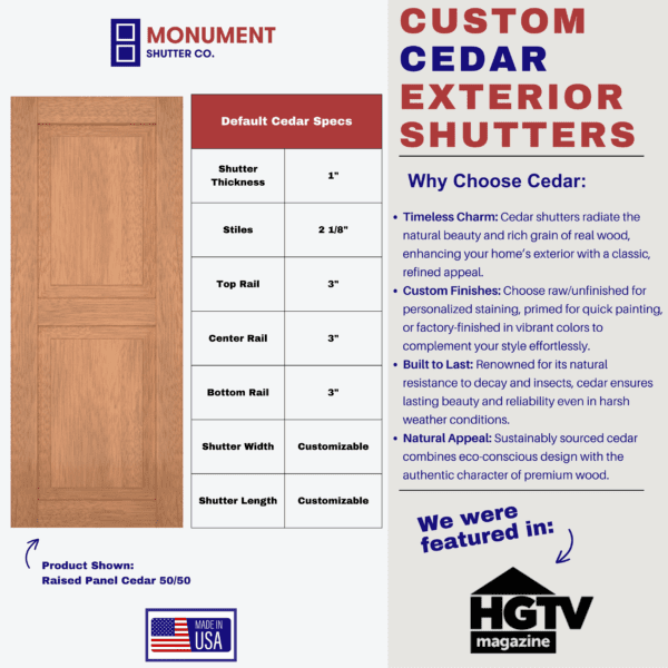 cedar exterior shutter specs monument shutters