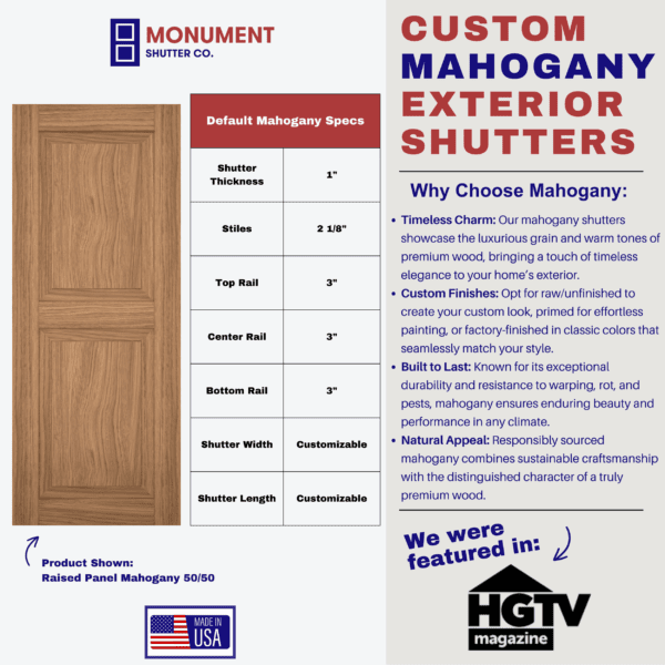 mahogany exterior shutter specs monument shutters