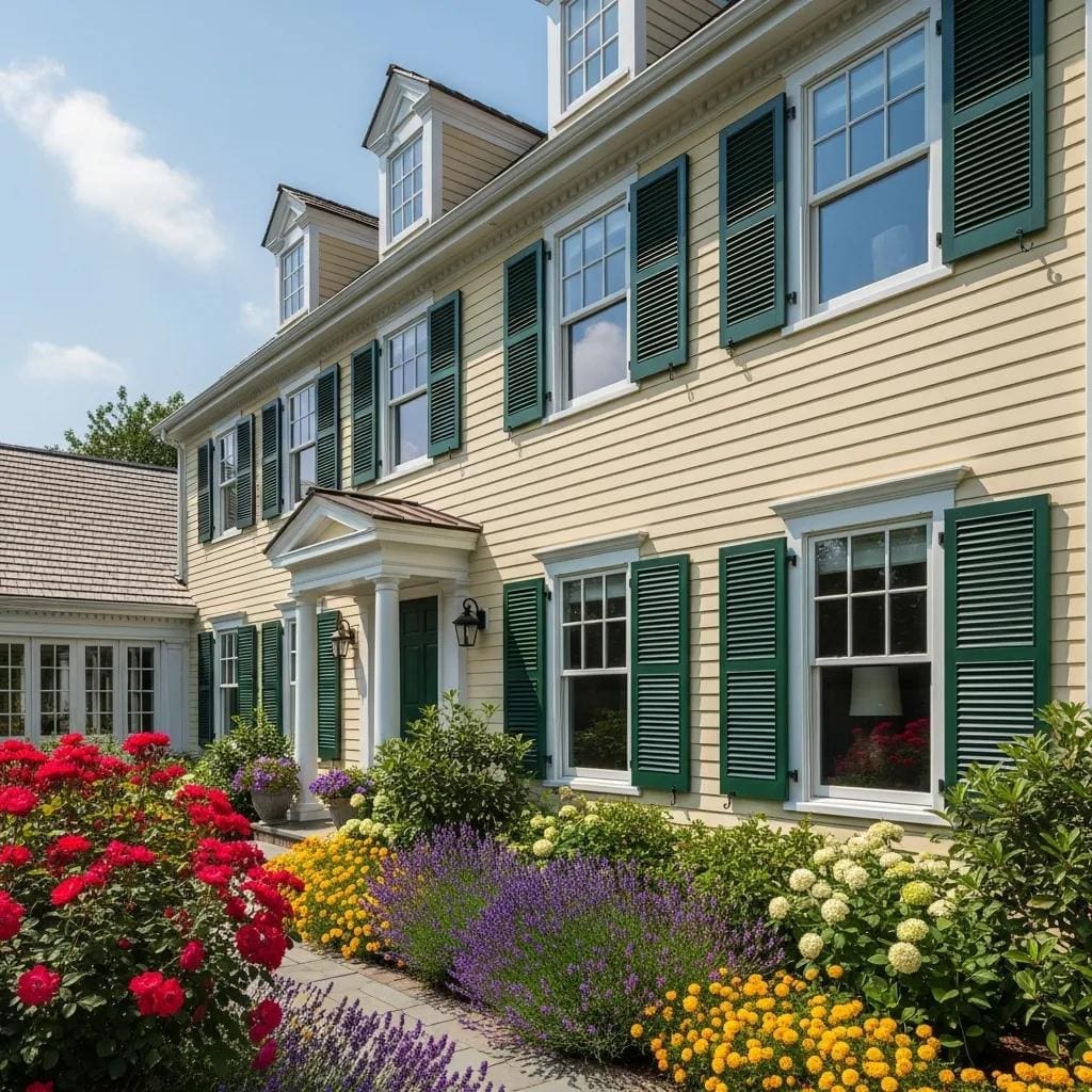 Elegant exterior shutters on a stylish home, enhancing curb appeal
